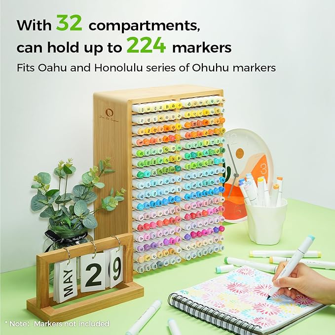 Ohuhu Bamboo Marker Organizer, Desktop Storage Hold 224 Markers for Honolulu Oahu Series of Ohuhu Markers, Pens Pencils Stationary Organizer Holder with 32 Compartments for Classroom Office Decor