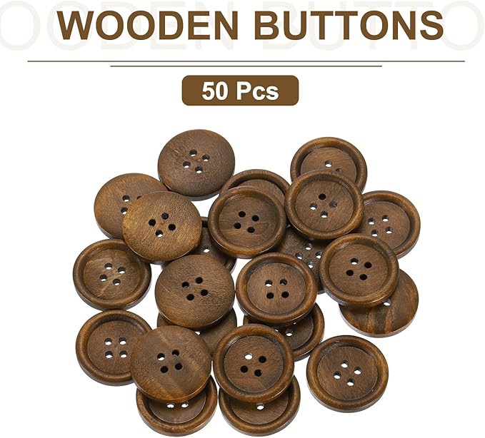 uxcell 50Pcs Wooden Buttons, 25mm(1") 4 Hole Round Wood Sewing Button Craft Flatback for Sewing DIY Craft Clothing, Brown