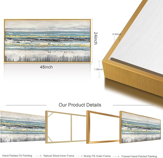 Large 100% Handmade Abstract Oil Painting with Frame Modern Original Hand Painted Blue Ocean Wall Art Modern White Gold Pictures Minimalist Artwork for Living Room Bedroom Office Dining Room 48x24in