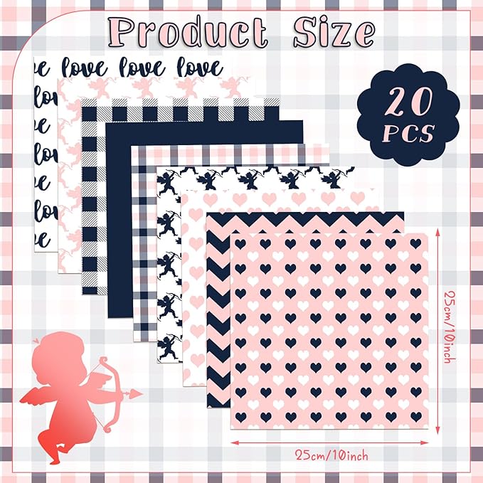 20 Pcs 10''x10'' Valentines Pink Quilting Fabric Square Bundle Love Heart Precuts Quiltted Fabric Plaid Polka Dot Printed Patchwork Supplies for DIY Material Sewing Craft Strips