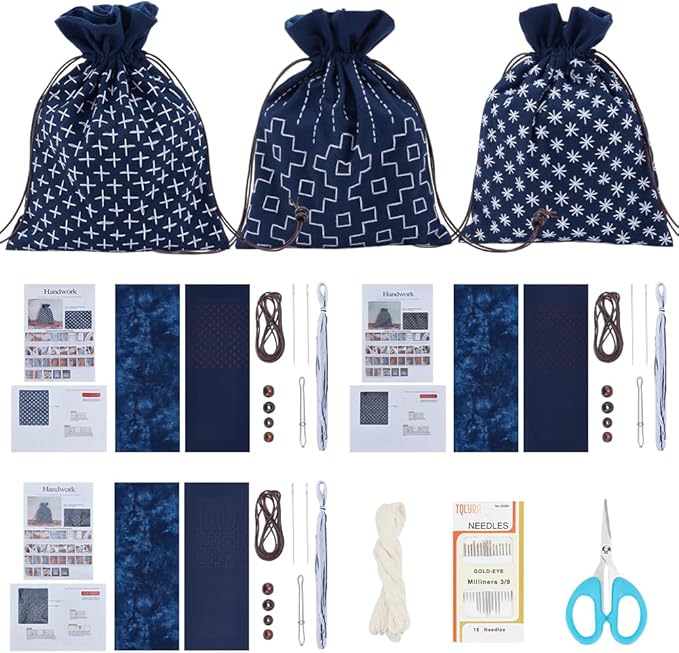 INFUNLY 3 Set Sashiko Drawstring Bag Kit DIY Sashiko Embroidery Bag Set with Printed Fabric Sewing Handbag Kits Embroidery Starter Kit Needlepoint Sewing Bags with Instruction for Beginner Adult