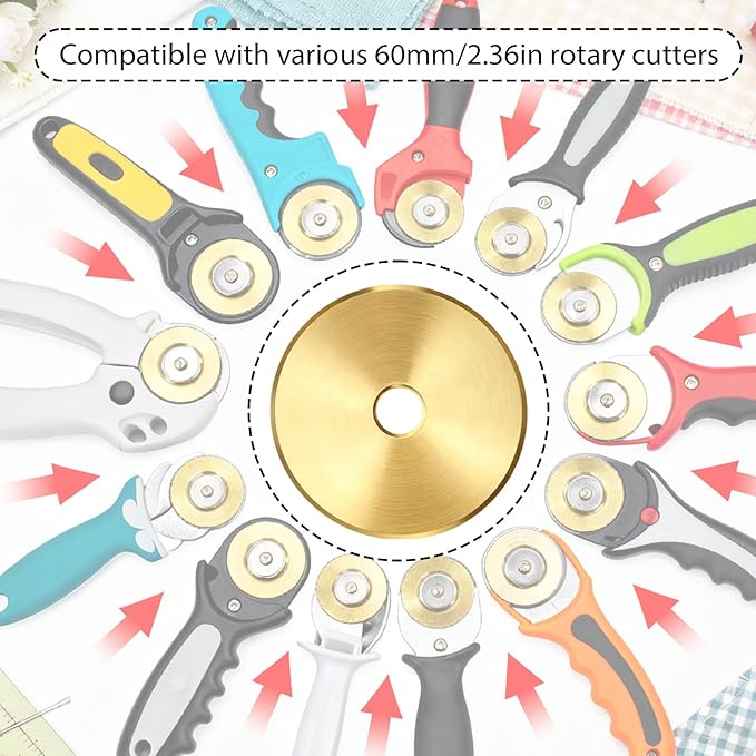 5pcs Titanium Coated Rotary Cutter Blades, Universal Replacement Circular Fabric Cutting Blades Knife Refill for/Martelli/Dremel/Truecut/DAFA for Quilting Sewing Scrapbooking Tool Supplies(60mm)