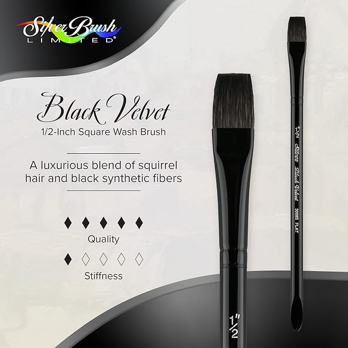 Silver Brush Limited 3008S-1/2 Black Velvet Square Wash Paintbrush for Watercolor, Gouache, Inks, & Dyes, Size 1/2 Inch, Short Handle