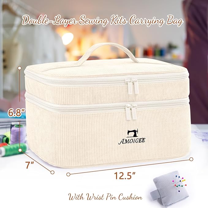 AMOIGEE Double-Layer Sewing Accessories Organizer with Pin Cushion – Large Sewing Storage Bag for Thread, Notions & Tools – Portable Travel Sewing Tote for Quilting, Embroidery & Crafts Gift (BagOnly)