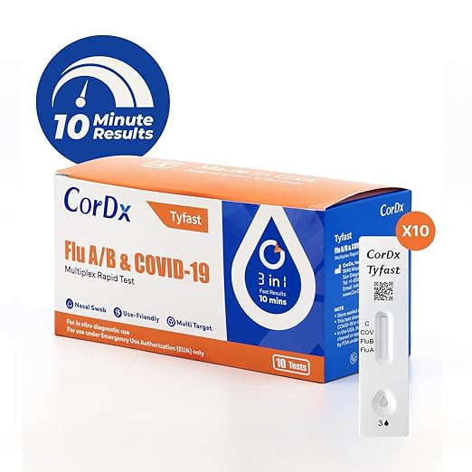 CorDx Tyfast at Home Flu A/B and COVID 19 Rapid Test Kit, Easy, Accurate, Fast Results in 10 Minutes, (10-Pack)