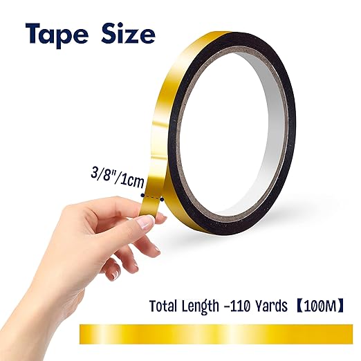 110 Yard Gold Metallic Tape, Sparkle Graphic Tape Water/Tear Resistant Metallic Mirror Wrapping Removable with No Residue for Gift Box Home School Office Decoration, 3/8 Inch x 55 Yards (2 Roll)