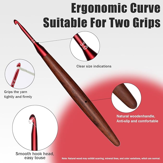 Giwrmu Crochet Hooks, 3mm Ergonomic Crochet Hook, Available in 3mm-7mm, Colored Aluminum Crochet Hook with Wooden Handle Crochet Needle for Crocheting Yarn
