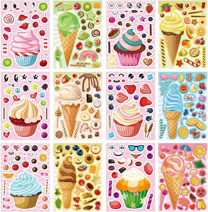 24 Sheets Make Your Own Multicolor Cartoon Ice Cream & Cupcake Stickers, Make a Face Stickers 12 Styles Dessert Sticker, Perfect for Decorating & Gifting, Ages 3+
