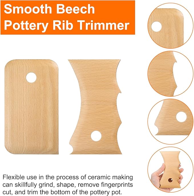 HARFINGTON 2pcs Pottery Ribs Trimming Tools Pottery Profile Rib Wooden Foot Shaper Shaping Big Wave Design Texture Rib Beech Wood for Carving Ceramics Clay