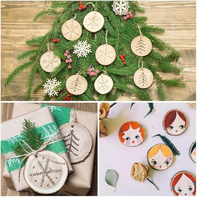 Wood Ornaments, Mathtoxyz Wood Slices 2.4-2.8 Inches 50 Pcs Rustic Unfinished Wood Log Discs Predrilled Wooden Circles for DIY Arts Crafts Halloween Christmas Ornaments Wedding