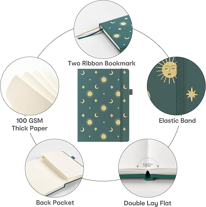 &And Per Se Dotted Journal Notebook for Women&Men with Pattern, A5 Leather Hardcover, 160 Pages 100GSM Thick Dotted Paper, 3 Sheets of Stickers Included, 5.7'' x 8'' (Celestial Green)