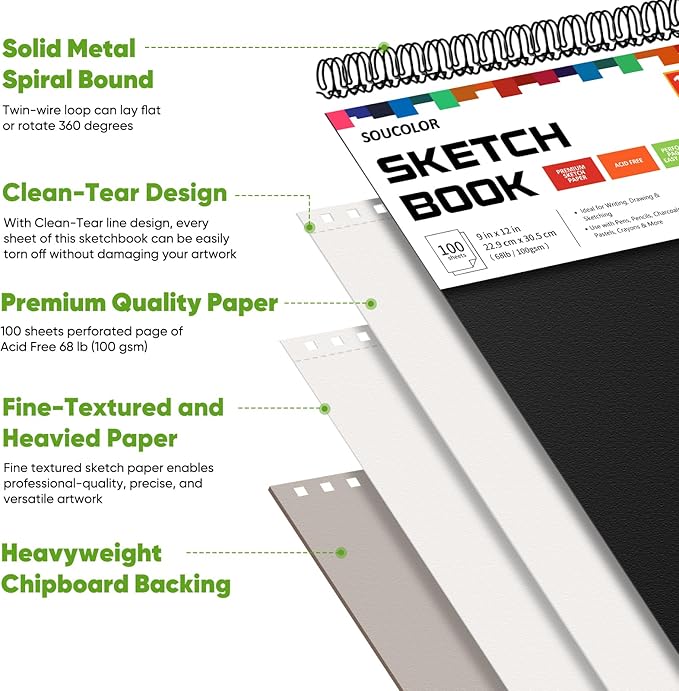 Soucolor 9" x 12" Sketch Book, 100 Sheets Top Spiral Bound Sketchbook with Acid-Free 68lb/100gsm Drawing Paper, Artist Sketch Pad for Kids, Adults & Teens Painting, Drawing, 1 Pack