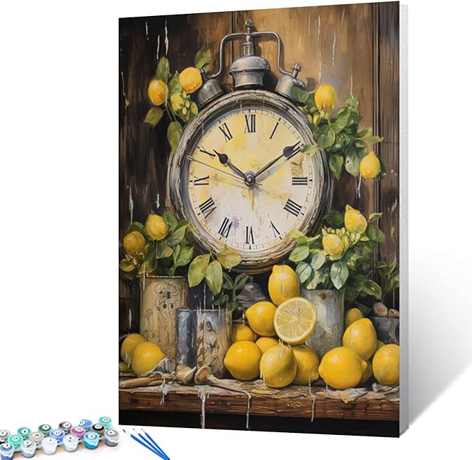 Farmhouse Kitchen Clock with Lemons Oil Painting Paint by Number Kits 16 x 20 inch Canvas Rustic Painting DIY Painting for Kids Students Adults Beginner with Brushes Acrylic Pigment(without Frame)