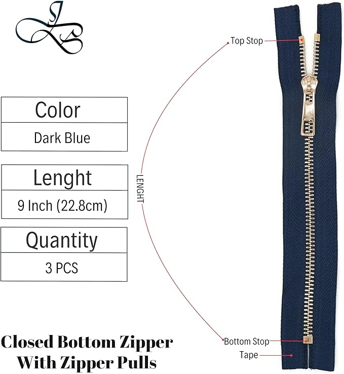 #5 Gold Metal Zipper - 50+ Colors - 3 PCS - (4-14 inches) Sizes - Luxury Lightweight Handcraft Metal Zippers with pulls for Purses Bags Pockets Shoes Sewing & Crafts DIY ZP02439