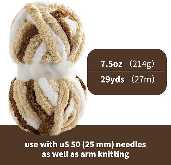 Hombys 8 Pack Giant Chunky Yarn for Crocheting/Hand Knitting, Super Bulky Large Soft Fluffy Tie Dye Plush Fuzzy Mixed Color Thick Chenille Yarn (Khaki)