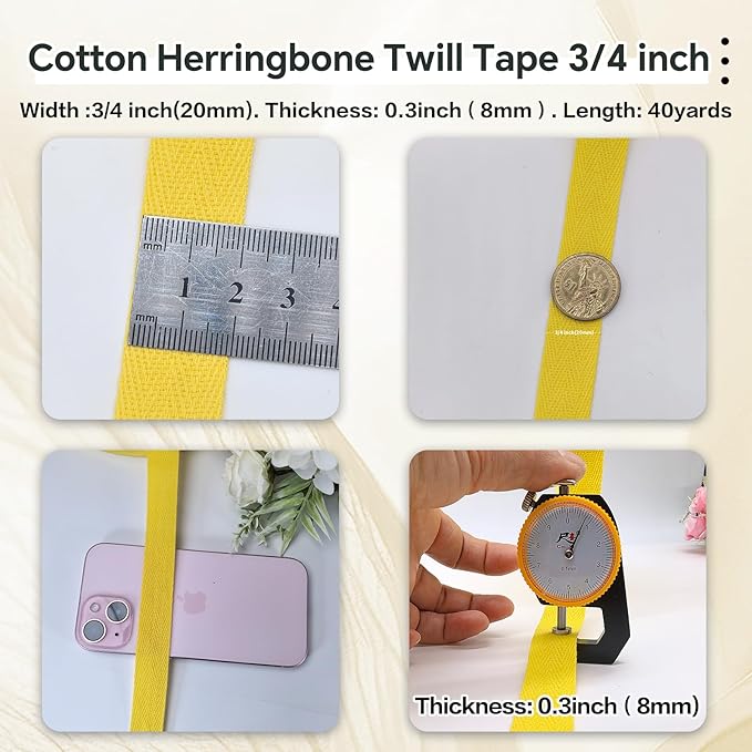 Yellow Twill Tape 3/4 Inch Wide - 40 Yards Herringbone Cotton Webbing Bias Binding Tape for Sewing, Crafting, DIY Projects, Pet Collars, Gift Wrapping and Home Decoration