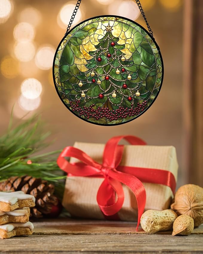 Stained Glass Window Hanging - Retro Green Christmas Tree Suncatcher for Doors Home Christmas Decoration Sun Catcher Thanksgiving New Year Birthday Gifts for Women Men Mom Nana 7.8 in