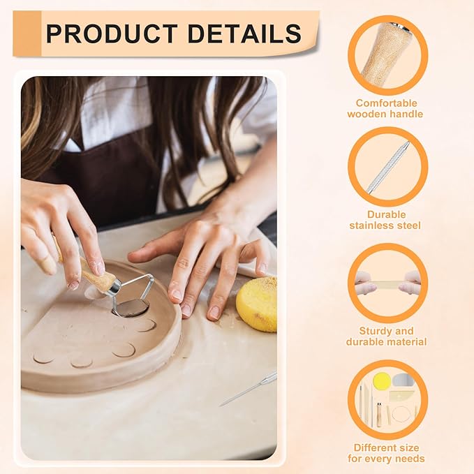 eZAKKA 8 Pcs Pottery & Clay Sculpting Tools, Double-Sided, Ceramics Tools Smooth Wooden Handles for Trimming, Embossing Pattern