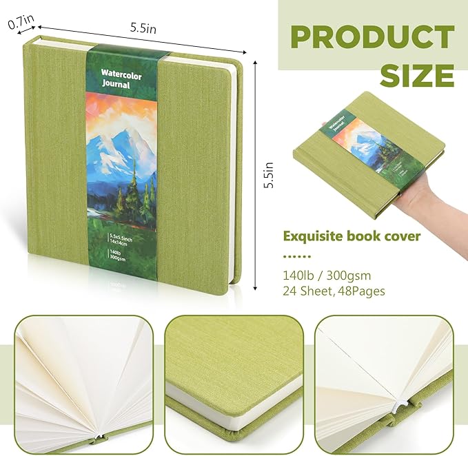 Dispowreath 5.5 x 5.5 in Watercolor Sketchbook Journal Square Watercolor Notebook Cold Press 140lb 300gsm Cotton Paper 48 Pages Journals Notebook Paper Pads(Green)