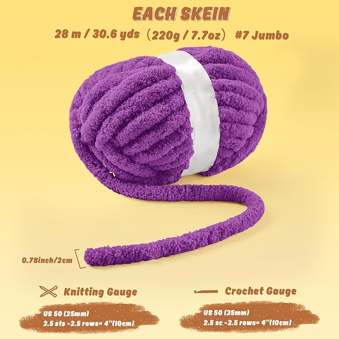 Inhand 8 Pack Chunky Chenille Yarn for Crocheting–30.6 Yards, 7.7oz, Soft Fluffy Thick Yarn,Gifts for Women/Grandma/Men Birthday Christmas Unique,Hand Knitting for Blankets&DIY Crafts (Dark Purple)
