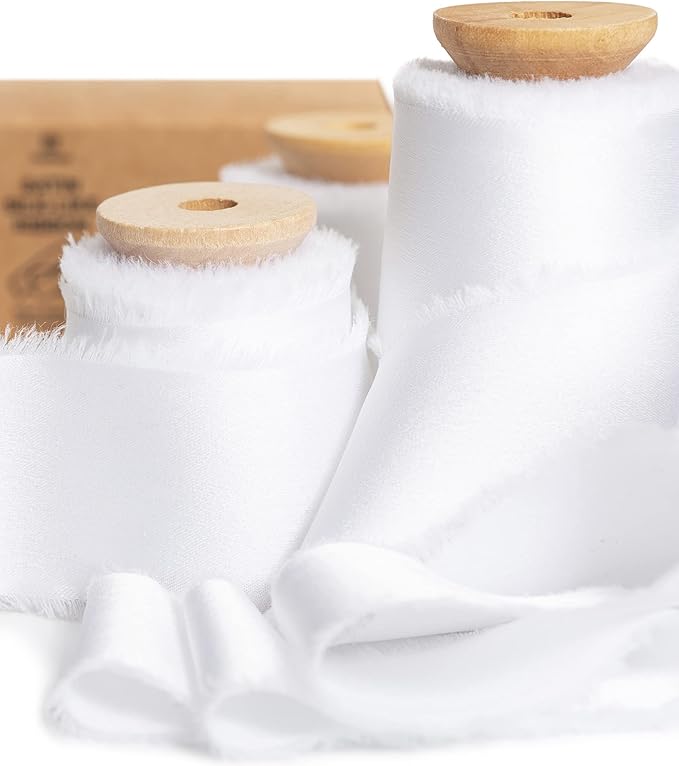 Vitalizart White Silk Satin Ribbon 1-1/2 inch x 15 Yard with Wooden Spool Off White Handmade Frayed Ribbons for Gift Wrapping Baby Shower Wedding Bridal Bouquets Holiday Decor