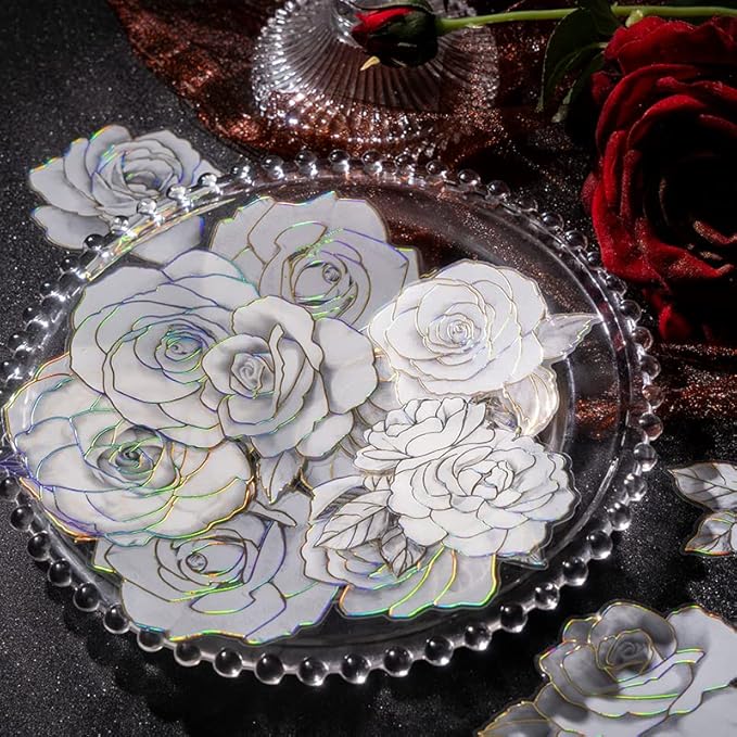 120pcs White Flower Scrapbook Stickers Pack, Clear Floral PET Decals with Gold Foil Outline, Vintage Roses Lilies Daisies Peonies Sticker Set for Journaling, Planners, Cards Making, Crafts