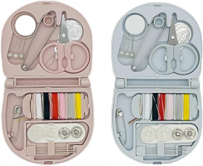 2 Pack Mini Sewing Kit with Threads, Portable Sewing Kit with 2 Color Spool - Needles, Scissors, Travel Sewing Supplies for Home, Emergency, Adults and Beginners (Pink, Blue)