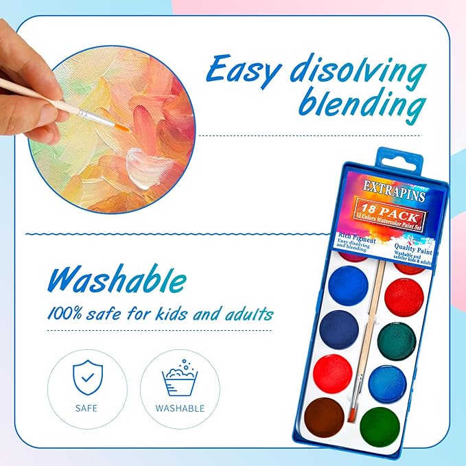18 Pack Watercolor Paint Set,Washable Water Colors with Paint Brushes,Watercolor Paint Bulk for Kids,Water Color Paint for Classroom Parties Kindergarten and Art Activities