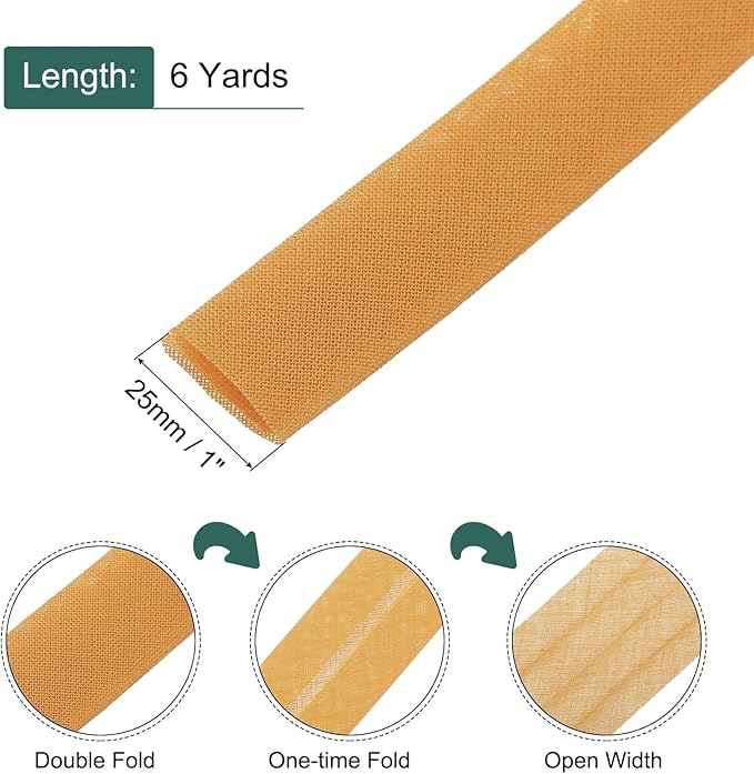 MECCANIXITY 1 Inch Double Fold Bias Tape Continuous Bulk Cotton Bias Tape for Sewing Seaming Quilting Hemming Binding Crafts (Dark Yellow 6 Yards)