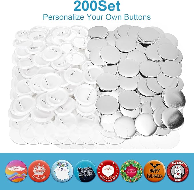 200 Sets 2.25 Inch Button Maker Supplies, 58mm Round Badge Parts with Metal Covers, Plastic Pin Backs, Clear Film & Blank Paper, Perfect for Button Maker Machine & Badge Press