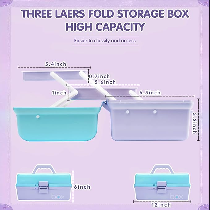 12in 3-Layer Plastic Craft Organizers and Storage, Portable Folding Tackle Box with Handle & Adjustable Dividers, Multipurpose Case for Sewing, Art Supplies, Medicine, Tools (Purple Blue)