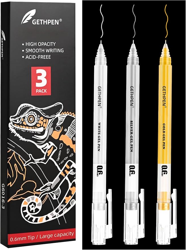3 Colors 0.6mm Extra Fine Point Gel Pen Set – White, Gold & Silver Gel Ink Pens for Artists Drawing on Black Paper, Sketching, Bullet Journaling & Holiday Crafts