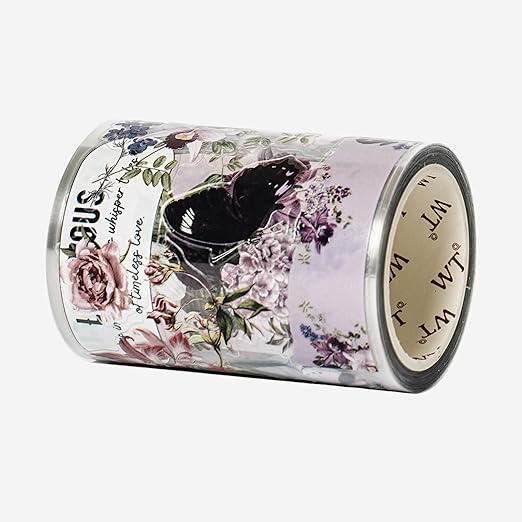 WT Pre-Cut Violet Veil Wide PET Tape, Single Roll, Soft Lilac Blossoms & Misty Backgrounds with Elegant Script, Transparent Decorative Tape for Journaling, Scrapbooking, Planner, DIY Crafts, 65mm x 5m