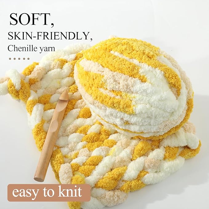 Chunky Yarn for Hand Knitting, No7 Thick Yarn, 250Grams 32Yards, Pack of 4, Perfect for Knitters and Crafters (Turmeric Yellow Off-White)