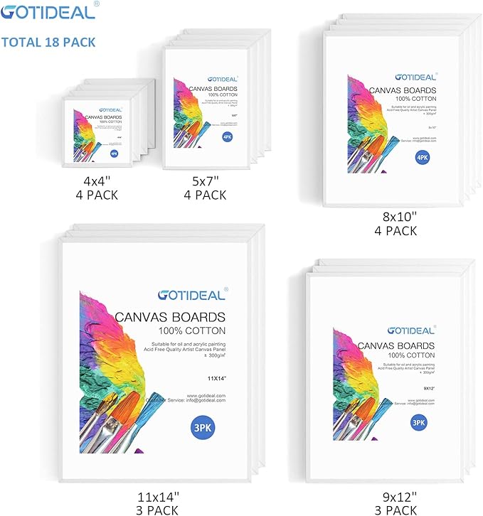 GOTIDEAL Canvas for Painting -18 Pack, Multi Pack 4x4, 5x7, 8x10, 9x12,11x14 Canvas Boards for Painting, Primed White Blank Artist Canvas Variety Pack for Acrylic, Oil Paint, Watercolor, Gouache