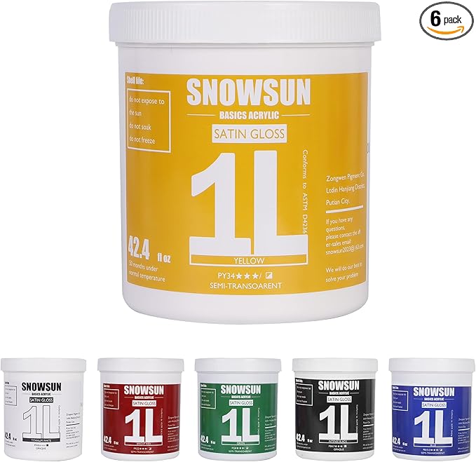 SNOWSUN Acrylic Paint Set, 6 Colors (1L/42.4 fl oz Each) Large Bulk Acrylic Paints, Gloss Non-Toxic Heavy Body Paints - Thick Art Paints for Multi-Surface Canvas Wood Ceramic Fabric Wall- Ideal for Artists & Beginners
