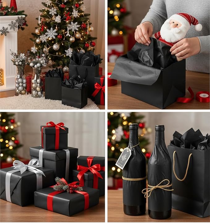 Qilery 500 Sheets Black Tissue Paper Bulk for Gift Bags 15 x 20 Inch Acid Free Packaging Wrapping Paper Sheets for Wedding Party Decor DIY Crafts, Birthday, Shipping Packing