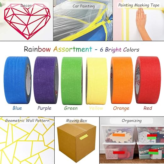 Colored Masking Tape, Rainbow Color Craft Paper Tape Art Painters Tape Writable Tape for Art Crafts Lab Labeling Coding Home Decor Office Classroom DIY All Ages (6 Packs)