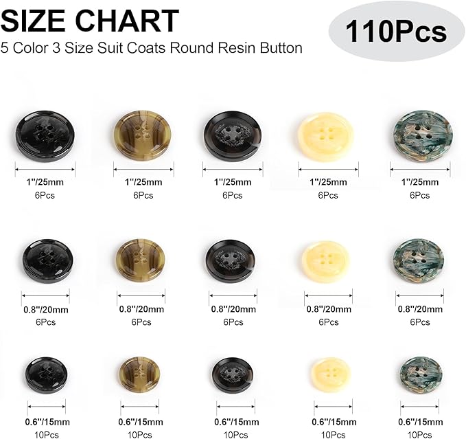110Pcs Mixed Sewing Buttons, 4-Hole Craft Round Blazer Buttons, 5 Color 3 Size (15mm, 20mm, 25mm) Suit Coats Resin Button, Suitable for Variety Clothing Sewing, DIY Craft (Style A)