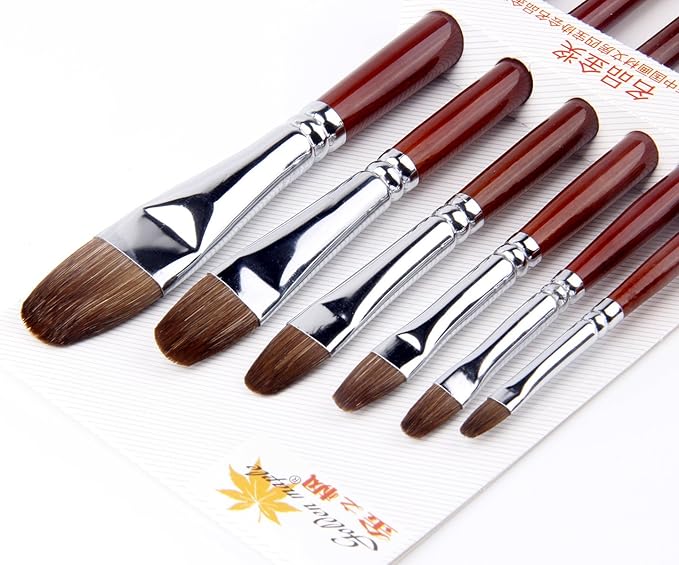 Golden Maple Filbert Paint Brushes Set, 6PC Red Sable Oval Paint Brushes Long Handle Artist Brush for Watercolor, Acrylic, Tempera and Gouache Painting