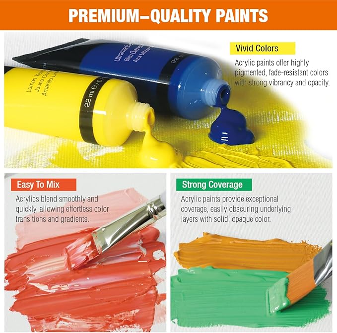 All-in-One Acrylic Painting Kit,12x22ml Rich Pigment Acrylic Paints,5 Different Shapes Brushes 2 Canvas Boards Palette Knife,Giftable Art Painting Set for Beginners Adults Artists