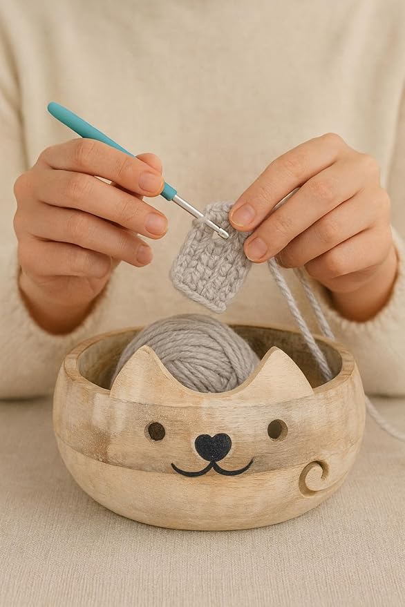 Christmas Gifts for Women Cat Yarn Bowl Knitting Bowl Large Crochet Yarn Holder Handmade Crocheting Accessories and Supplies Organizer 7 x 3 Wooden White Elephant Gifts