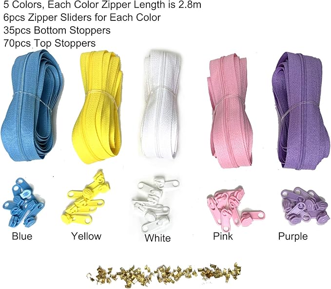 DOITEM Zipper Tape 3 mm by The Yard - 12.5 Yard/14 Meter Nylon Endless Set With Slider - 5 Colors for Sewing