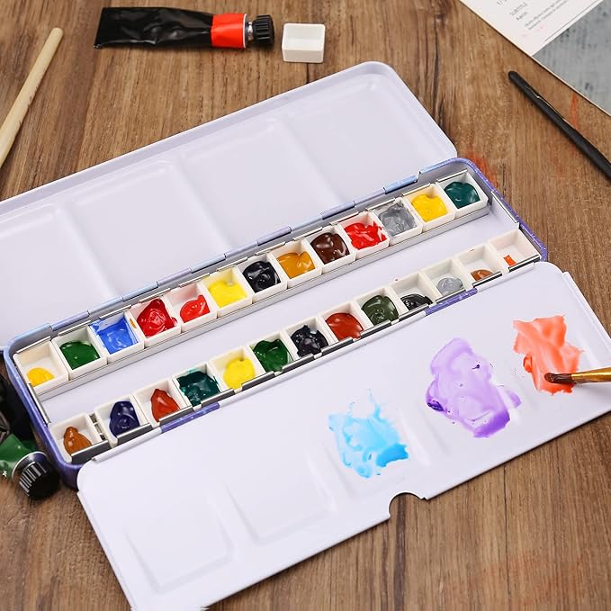 MYARTOOL Empty Watercolor Palette, Purple Empty Watercolor Tin Palette Paint Case with 24 PCS Empty Half Pans for DIY Travel Watercolor Palette, Acrylic and Oil Painting