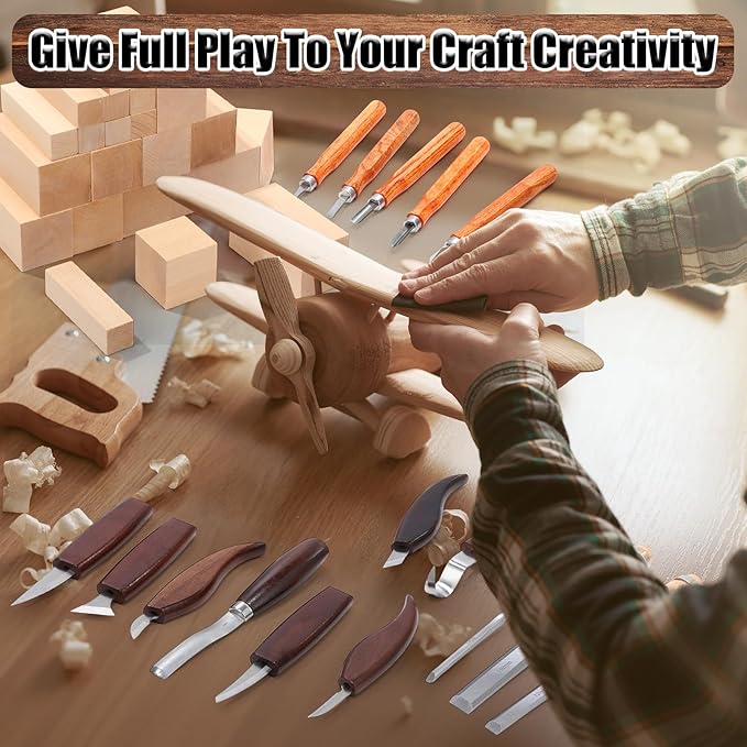 Therwen 45pcs Wood Carving Kit Included 16 Whittling Knife Chisel Set with Leather Storage Bag, 24 Basswood Carving Blocks, Wood Whittling Tool for Beginners Enthusiasts Craft Gift for Christmas
