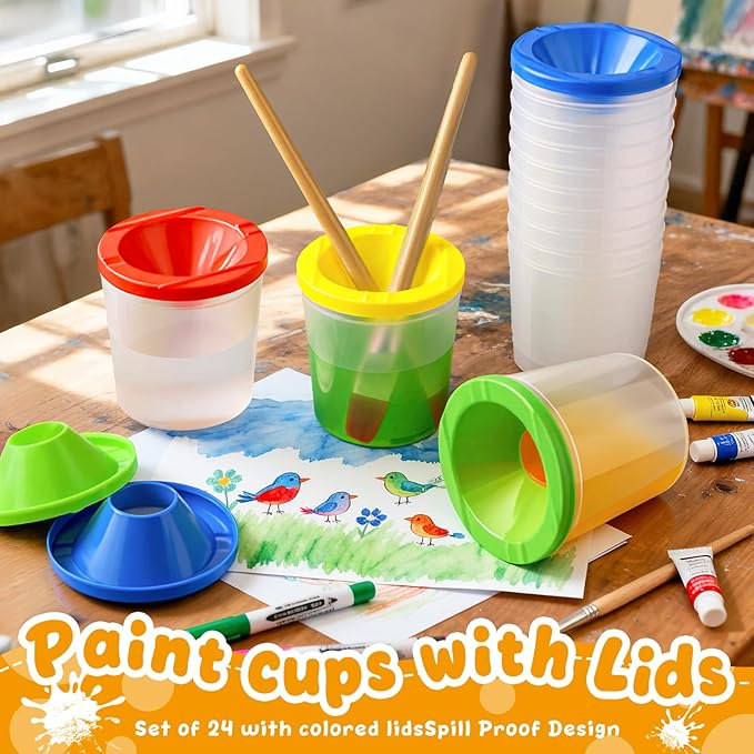 24 Pcs No Spill Paint Cups with Lids for Kids Reusable Spill Proof Paint Cups for Classroom art Supplies and Crafts, (4 Colors)