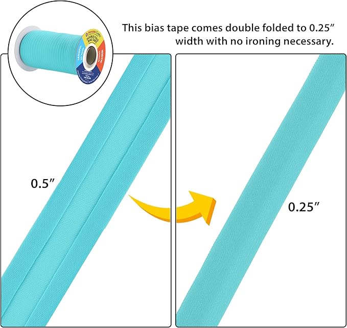Mandala Crafts 55 Yards 1/4 Inch Aquamarine Double Fold Bias Tape for Sewing - Bias Binding Tape for Quilting Binding, Hemming, Seam, and Fabric Piping