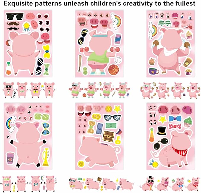 24PCS Pig Stickers for Kids Toddlers, Make-a-face Stickers, Make You Own Kawaii Pink Piggy Stickers Cute Animal Stickers for Brithday Party Favor Supplies Gifts, Teacher Classroom Reward