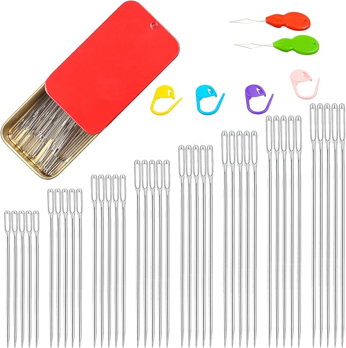 40/80PCS Large Eye Sewing Needles, 8 Sizes Hand Sewing Sharp Needles, Embroidery Needle, Leather Needle,Stainless Steel Yarn Needles with Threaders & Stitch Markers (Red 80pcs)