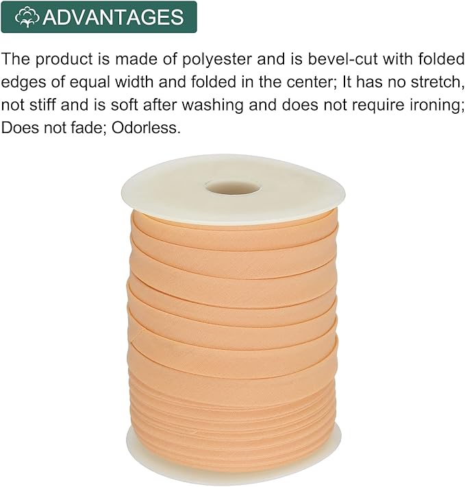 MECCANIXITY 1/2 Inch Double Fold Bias Tape Polyester Continuous Bulk Bias Tape for Sewing,Seaming Quilting Hemming Binding Crafts (Light Orange 55 Yards)